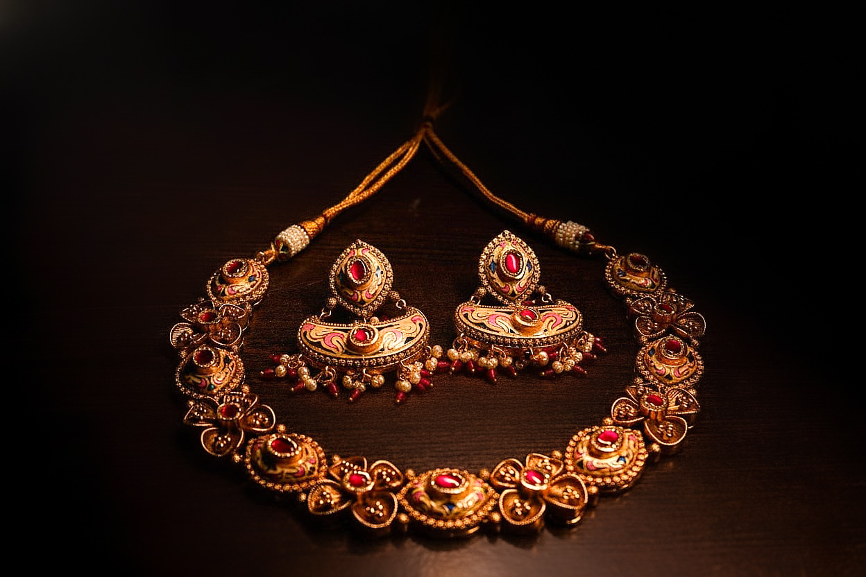 Antique gold and kundan necklace on red velvet