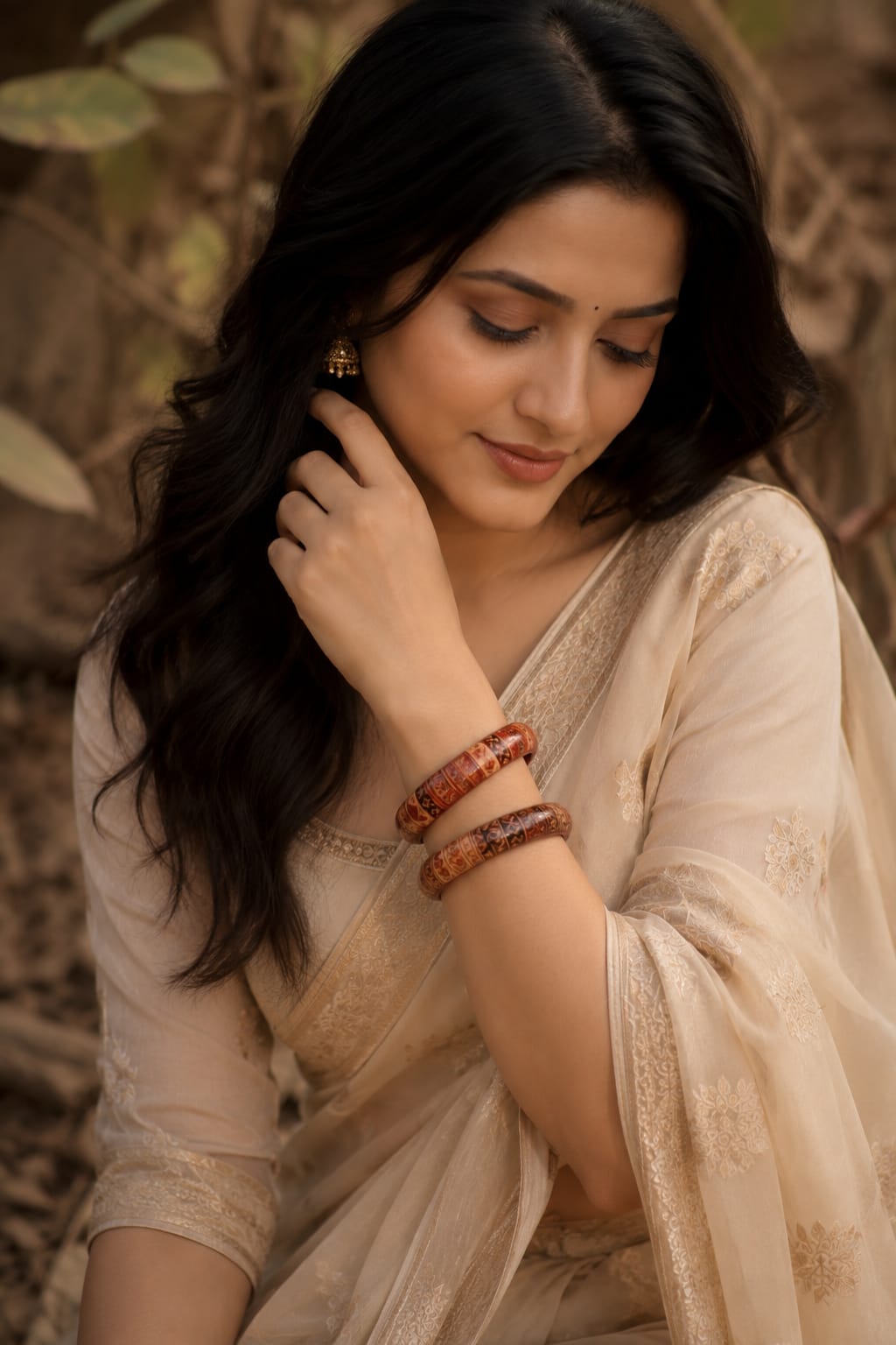 Hand painted wooden bangles with rose petals